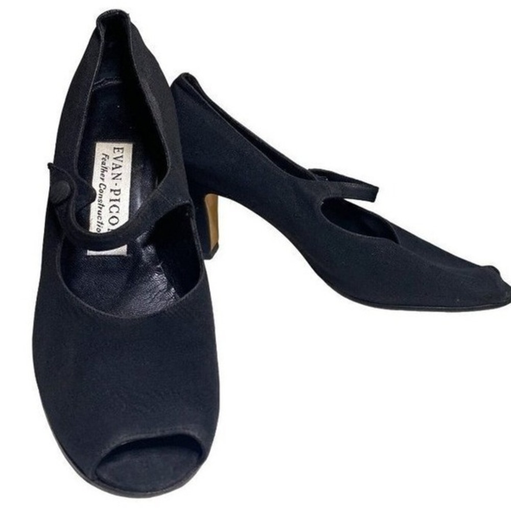 Evan Picone feather construction peep toe straps pumps black fabric vintage shoe - Picture 2 of 11